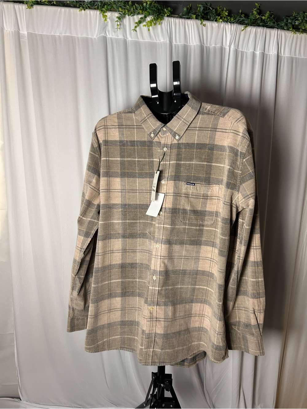 Barbour Beige and Gray Plaid Button-Down Shirt